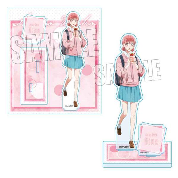 蝶野雛(放學後)立牌,粉色背景,角色穿著制服,背著背包,手拿飲料。