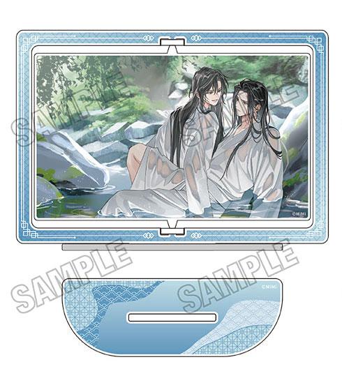 大河幻想廣播劇「魔道祖師」原創旋轉立牌,兩人身穿白衣,坐在溪流中。