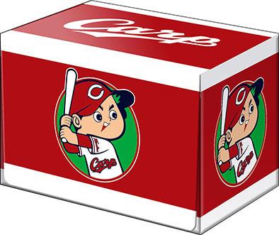 廣島東洋鯉魚隊職業棒球卡片遊戲收納盒,紅色背景,卡通人物持球棒設計。