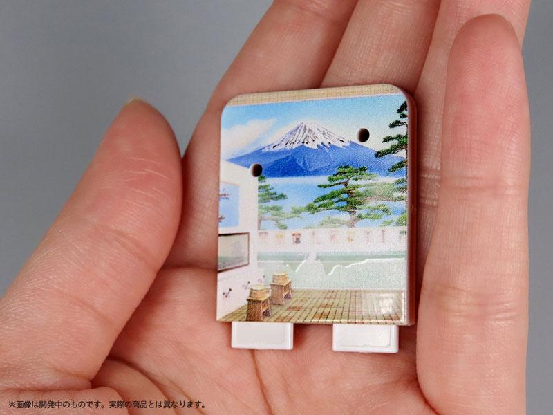 Puripura 招財貓塑膠模型場景,傳統日式陽台眺望富士山與松樹。