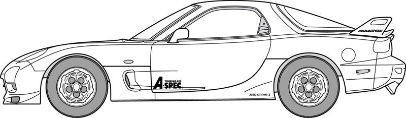 1/24 FD3S RX-7 Mazdaspeed A-spec (GT・W尾翼付) 模型線稿,展示車身側面及尾翼細節。