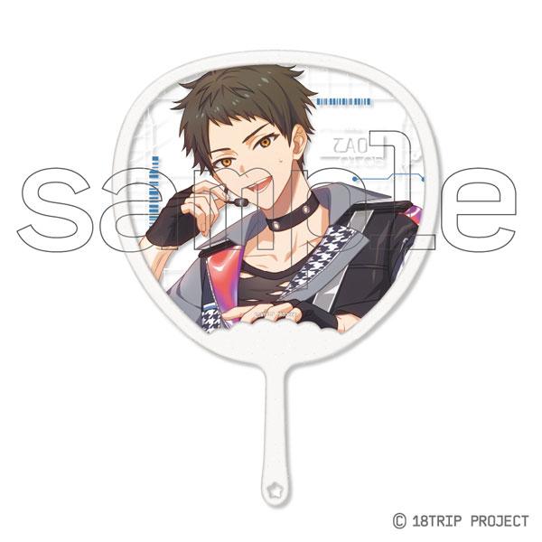 應援團扇,繪有木之內太緒角色立繪,戴著耳麥,背景有科技感圖案。