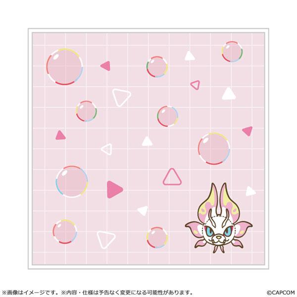 手巾,粉色格紋背景,泡泡及三角形圖案,下方有泡狐龍圖案。