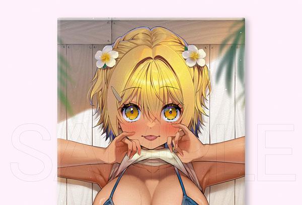 國岡悠水着Ver.帆布畫,金髮角色身穿泳衣,手指拉起衣領。