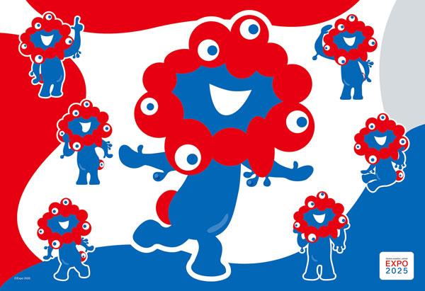 大阪・關西萬博官方角色脈脈拼圖,藍色身體紅色眼睛,多個姿勢設計。