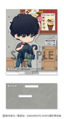 SAKAMOTO DAYS 坂本日常 Acryroom, 勢羽夏生 sitting on a stool, holding a jacket, cafe background. (勢羽夏生)