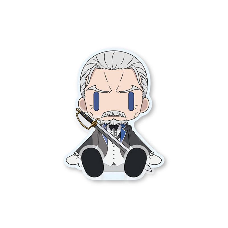 威爾海姆·范·阿斯特雷亞坐姿吉祥物，手持劍，西裝打扮。