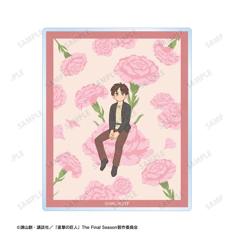 [預訂] 進擊的巨人 艾連坐姿於粉色康乃馨背景的壓克力卡片。
