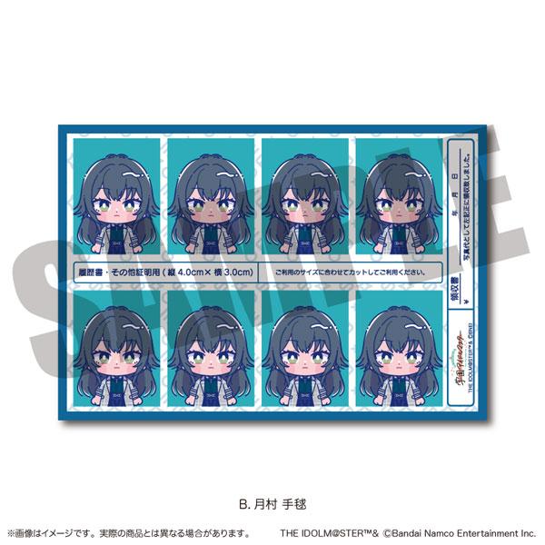 「學園偶像大師」月村手毬證件照風格貼紙，多個相同Q版角色頭像排列於藍色背景上。