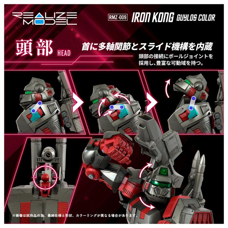 Realize RMZ-009 鐵金剛帝國配色，展示頭部可動細節，灰色與紅色機甲。