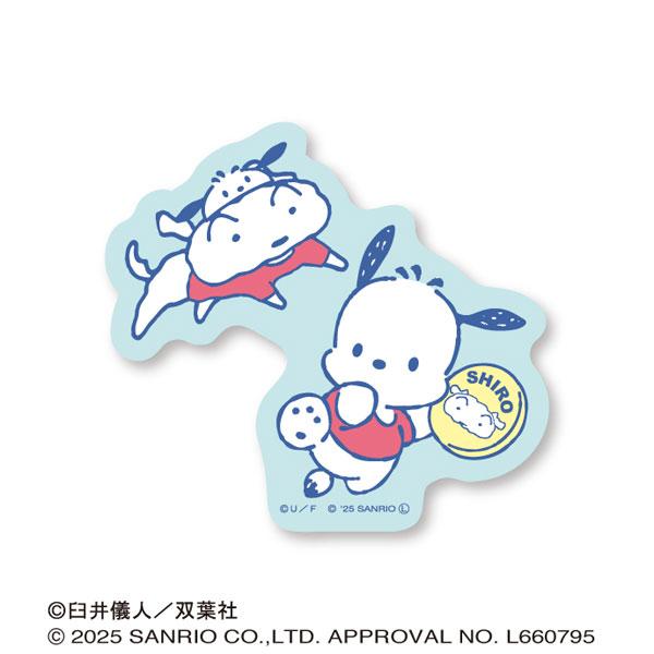 [預訂] 蠟筆小新×HAPIDANBUI 模切貼紙迷你，包括穿紅衣的白狗設計。