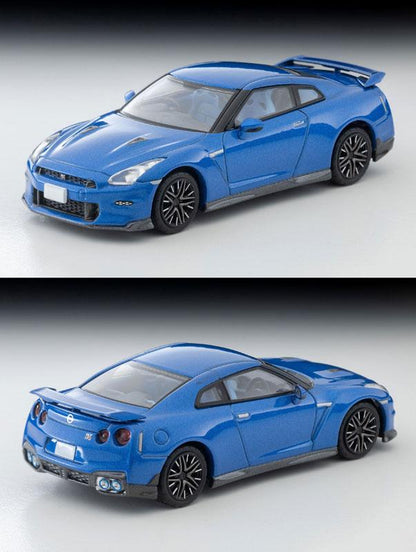 [預訂] Tomica Limited Vintage Neo LV-N350b 藍色 NISSAN GT-R Premium edition 2025 模型車，正面及背面展示。