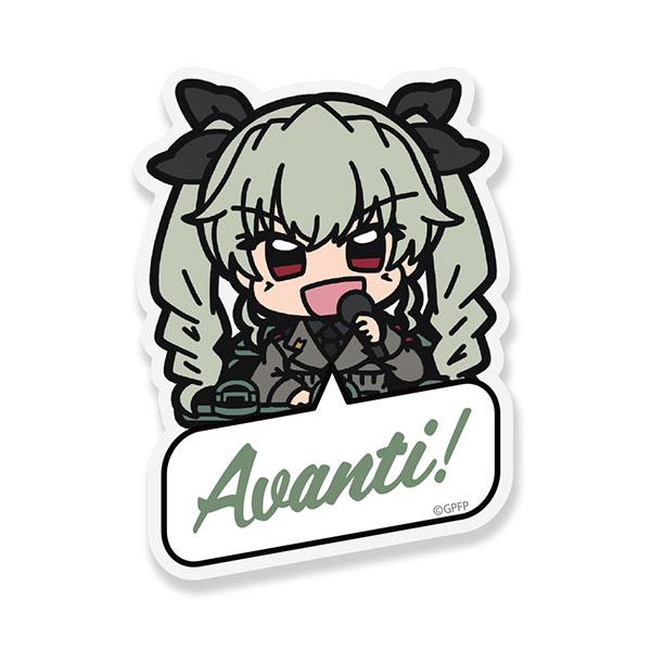 安丘比壓克力夾子，少女與戰車最終章，卡通風格，手持麥克風，下方有"Avanti!"字樣。