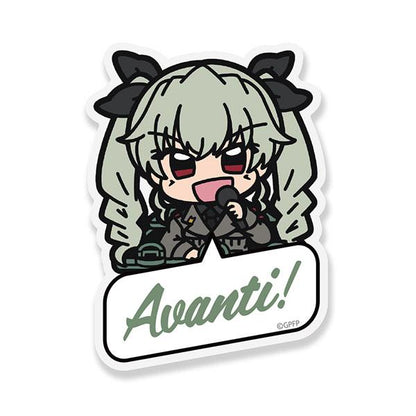 安丘比壓克力夾子，少女與戰車最終章，卡通風格，手持麥克風，下方有"Avanti!"字樣。