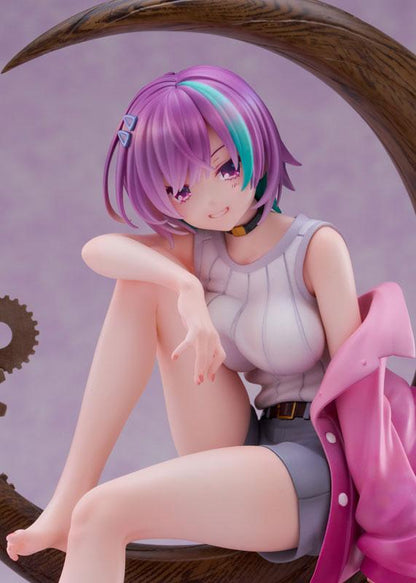 (限定版)茨木梨乃1/7完成品模型：坐姿，紫色頭髮，淺色背心，粉色外套。