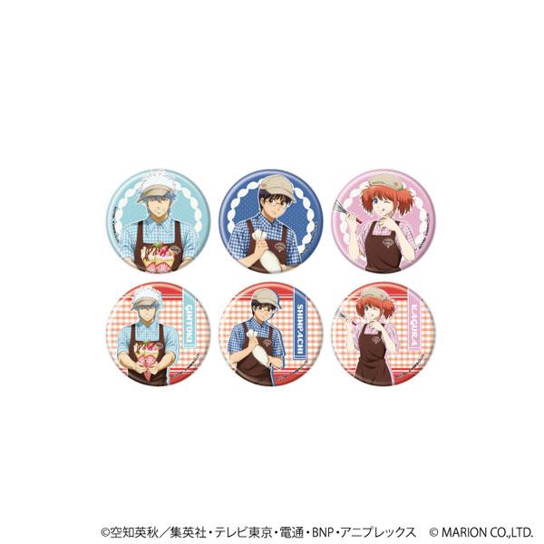 [預訂] 銀魂可麗餅ver.徽章，原創插圖，一盒六個，展示了GINTOKI、SHINPACHI和KAGURA身穿可麗餅店制服的設計。