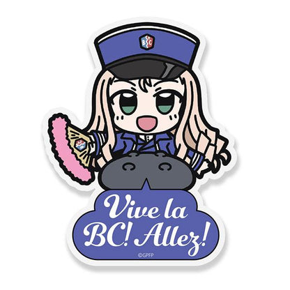 少女與戰車瑪莉壓克力夾子：卡通風格瑪莉，手持扇子，下方標語「Vive la BC! Allez!」。