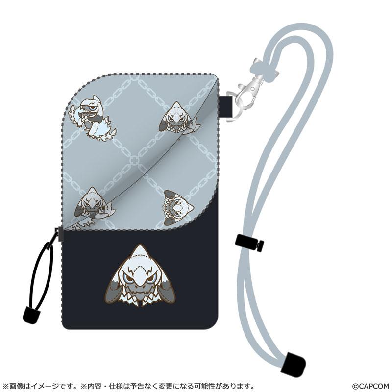 [預訂] 魔物獵人智慧型手機斜揹袋，鎖刃龍圖案設計，灰色背景搭配鎖鏈紋路。