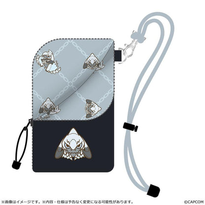 [預訂] 魔物獵人智慧型手機斜揹袋，鎖刃龍圖案設計，灰色背景搭配鎖鏈紋路。