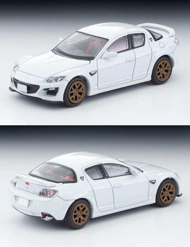 [預訂] Tomica LV-N314e Mazda RX-8 Spirit R (白) 2012年式，模型車前後視角。
