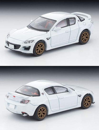 [預訂] Tomica LV-N314e Mazda RX-8 Spirit R (白) 2012年式，模型車前後視角。