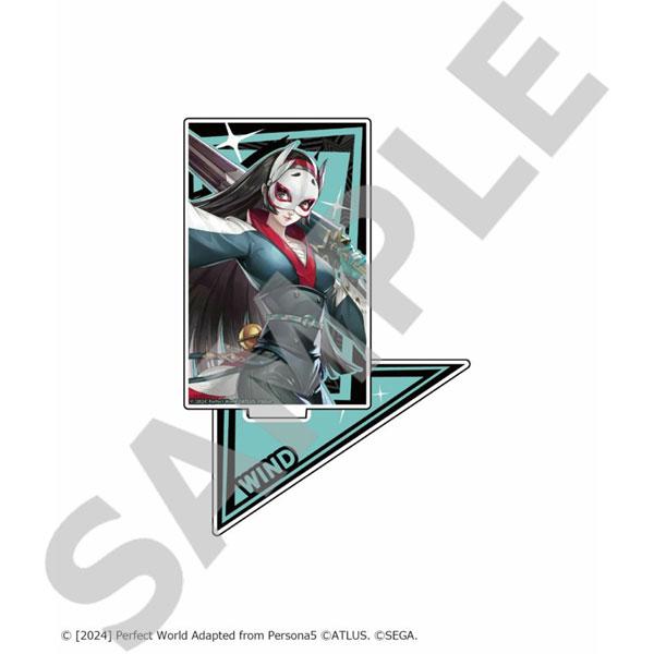 女神異聞錄5立牌：面具角色持槍，灰色服裝，藍色背景，WIND底座。
