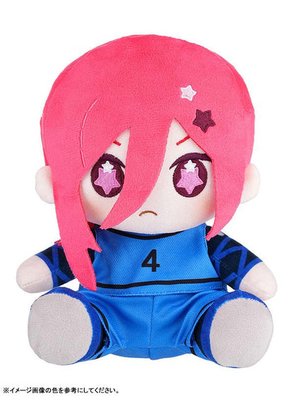 HUGGY DOLL毛公仔，藍色監獄千切豹馬，穿藍色4號球衣的坐姿毛絨玩具。