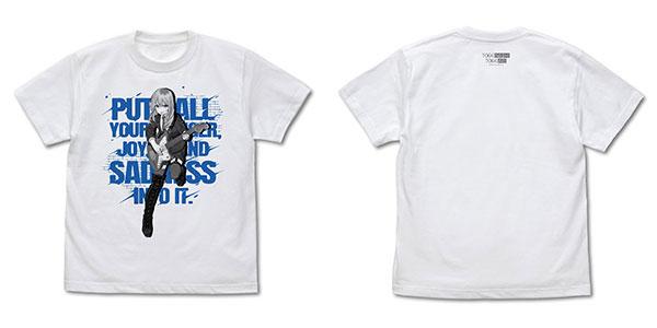 河原木桃香白色T恤，正面有彈吉他圖案及藍色文字"全部都放進去"。