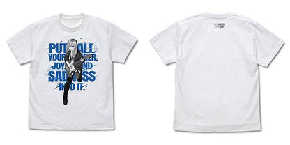 河原木桃香白色T恤，正面有彈吉他圖案及藍色文字"全部都放進去"。