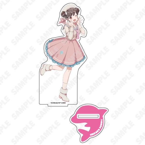 偶像大師閃耀色彩園田智代子立牌，穿粉色洋裝眨眼比耶。