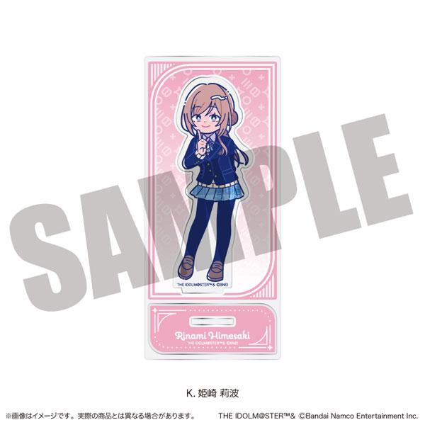 「學園偶像大師」立牌：K 姬崎莉波，穿著制服的全身立繪，粉色背景。