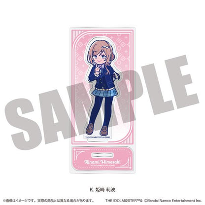 「學園偶像大師」立牌：K 姬崎莉波，穿著制服的全身立繪，粉色背景。