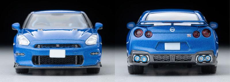 [預訂] Tomica Limited Vintage Neo LV-N350b NISSAN GT-R Premium edition 2025 青色模型車，前視圖和後視圖。