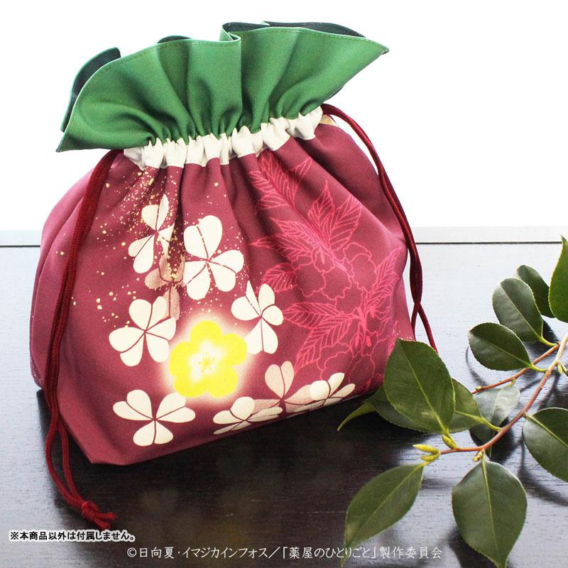 [預訂] 藥師少女的獨語 抽繩袋，勃艮第色，綠色頂部，印有貓貓主題花卉圖案。