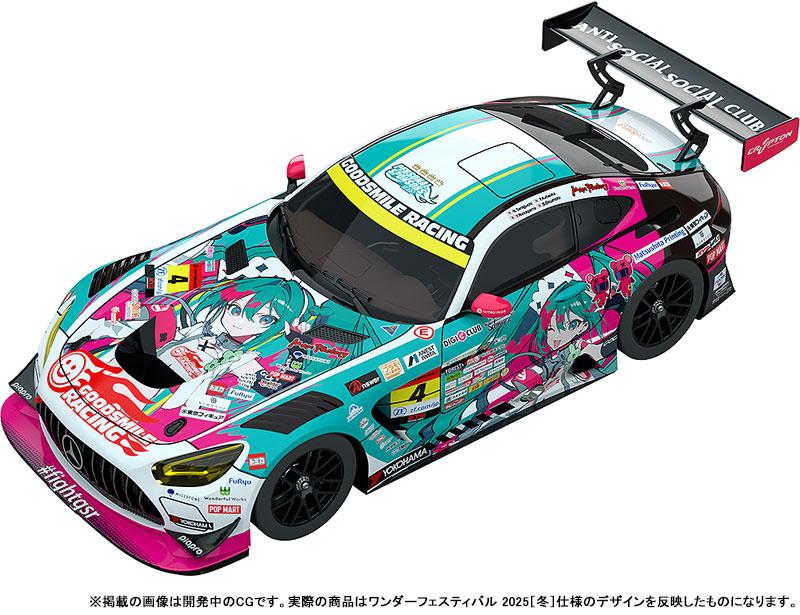 1/64 初音未來 GT Project Good Smile 初音未來AMG 2025 Presentation Ver.模型車，帶有初音未來賽車塗裝。