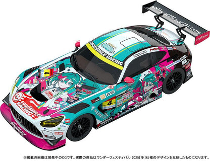 1/64 初音未來 GT Project Good Smile 初音未來AMG 2025 Presentation Ver.模型車，帶有初音未來賽車塗裝。
